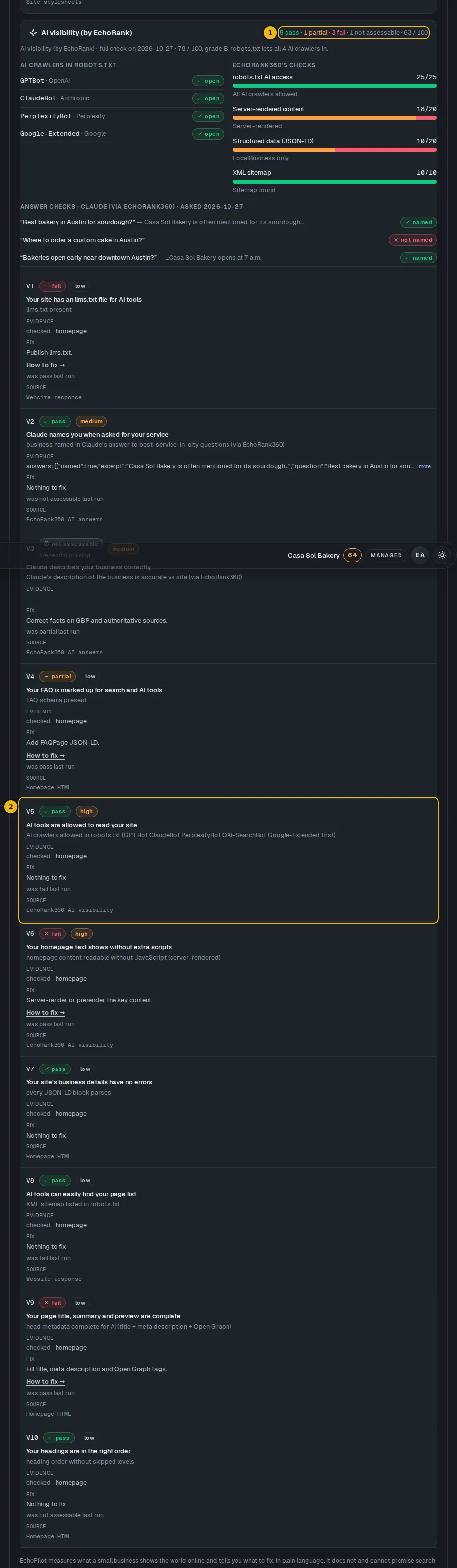 The AI visibility section of the audit page, with its counts and the V5 row marked