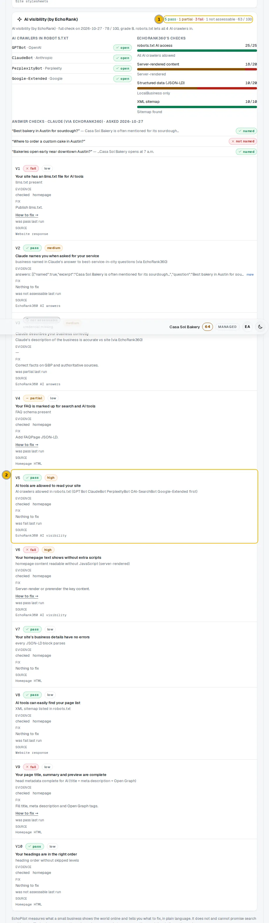 The AI visibility section of the audit page, with its counts and the V5 row marked