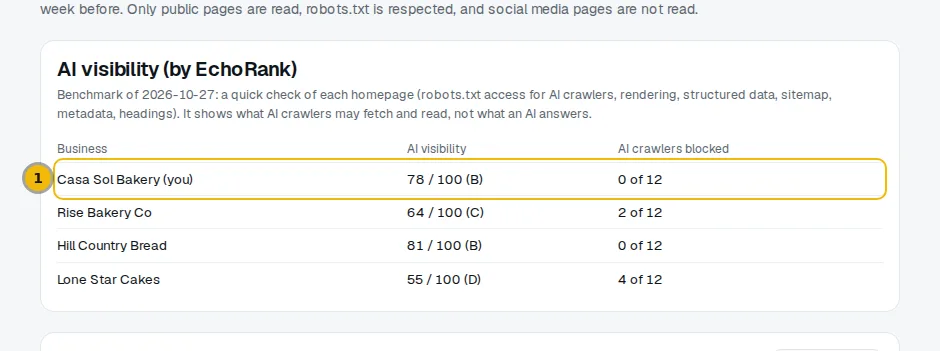 The AI visibility table on the Competitors page, with your own row marked