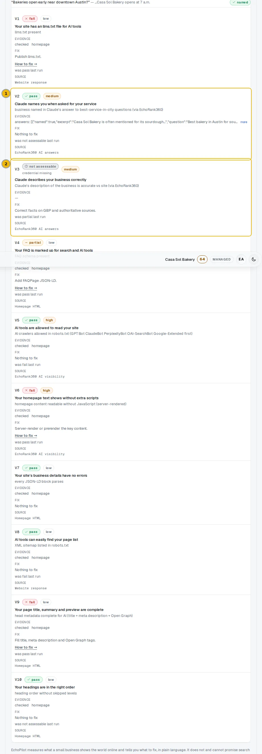 The AI visibility rows on the audit page, with the V2 and V3 answer checks marked