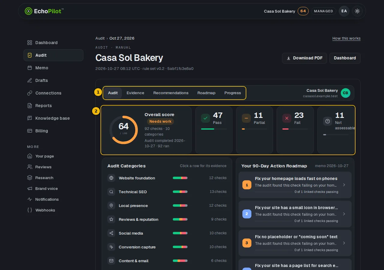 Top of the audit page with the five tabs and the score summary marked