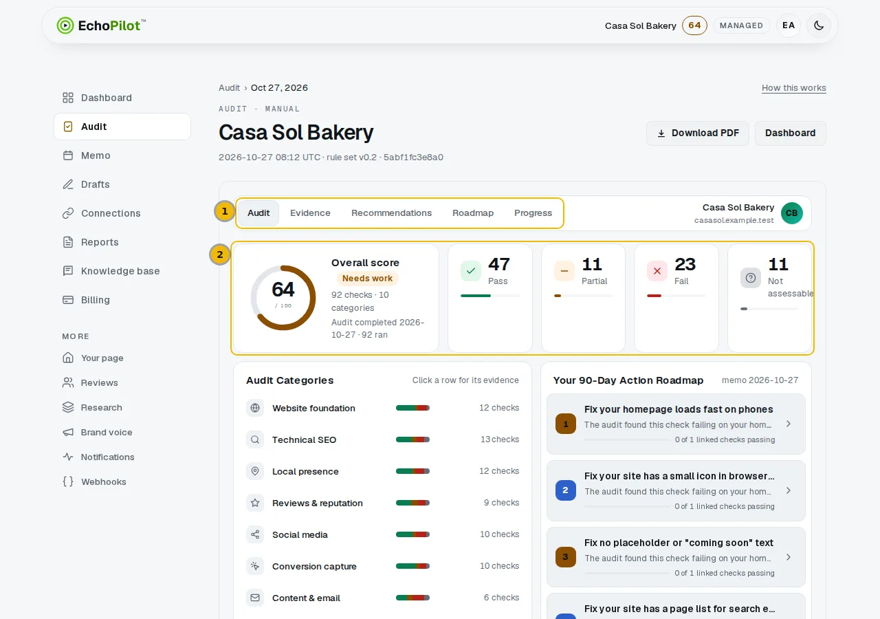 Top of the audit page with the five tabs and the score summary marked
