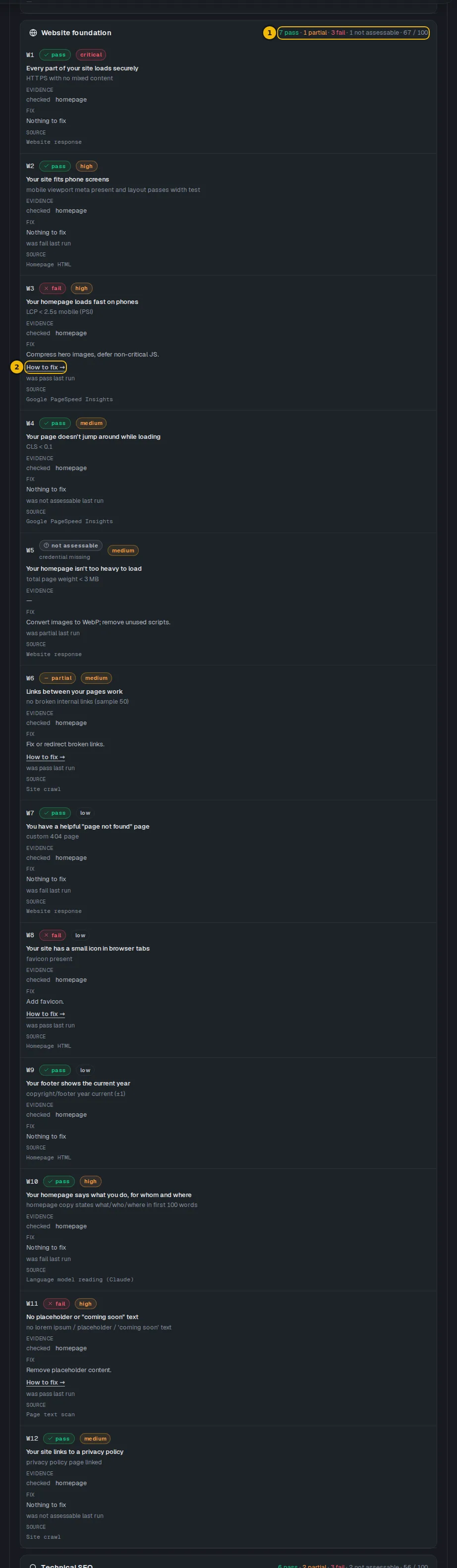One area of the Evidence tab with its counts and a How to fix link marked