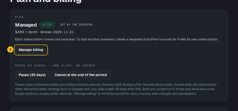Plan card with the Manage billing button that opens the Stripe billing portal