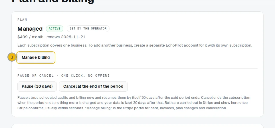 Plan card with the Manage billing button that opens the Stripe billing portal