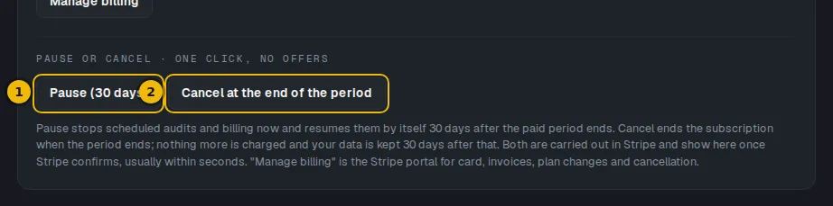 Pause or cancel section with the Pause button and the Cancel at the end of the period button