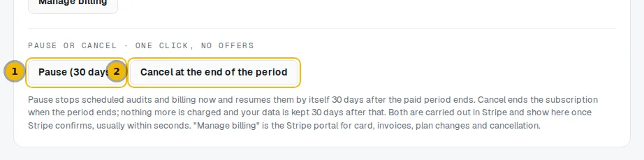 Pause or cancel section with the Pause button and the Cancel at the end of the period button