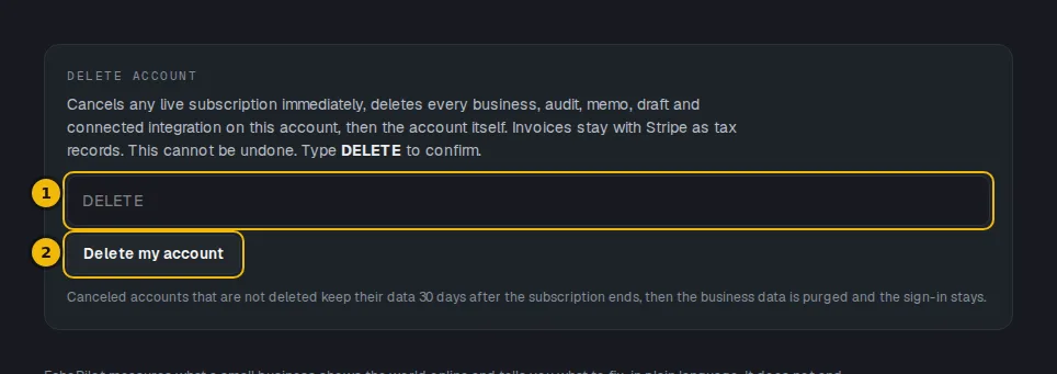 Delete account card with the confirmation box and the Delete my account button