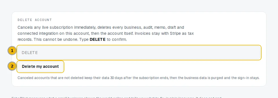 Delete account card with the confirmation box and the Delete my account button