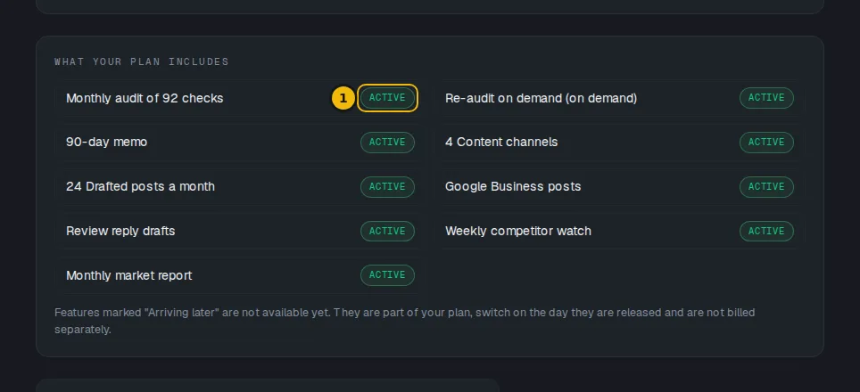 What your plan includes list, each feature marked active or Arriving later