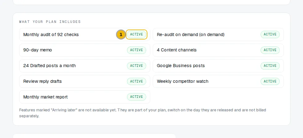 What your plan includes list, each feature marked active or Arriving later