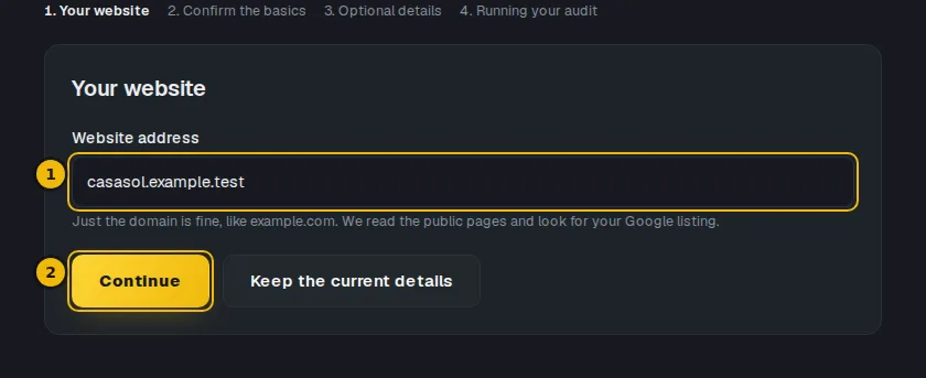 Your website step of the business form, with the website address box and the Continue button