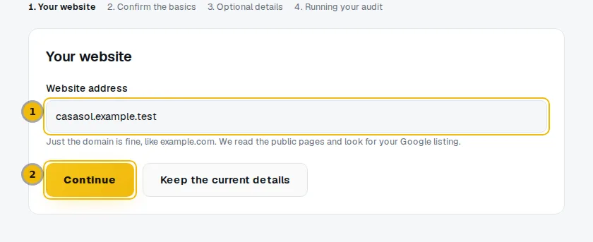 Your website step of the business form, with the website address box and the Continue button