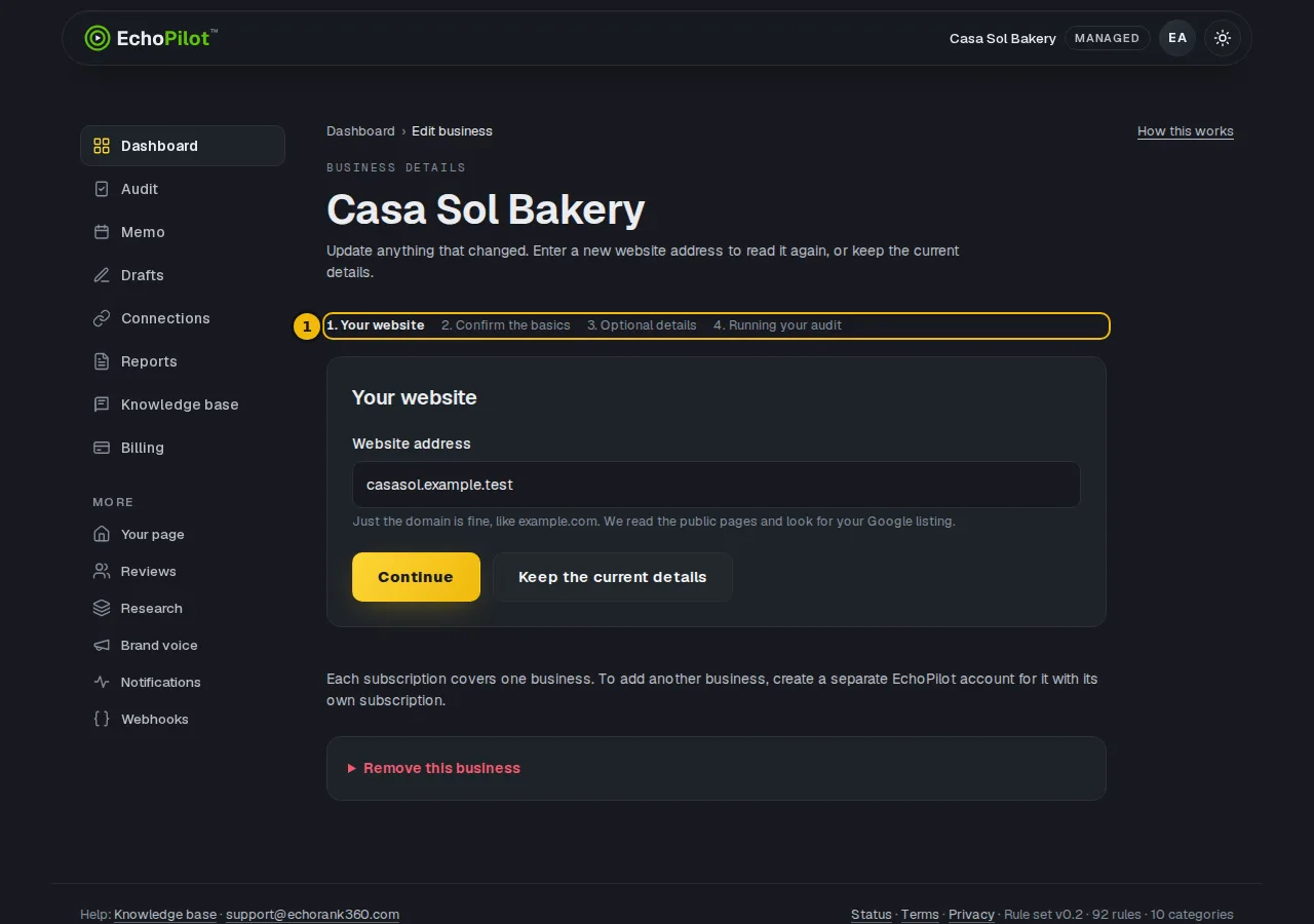 Edit business page with the business name as its heading and the form steps listed