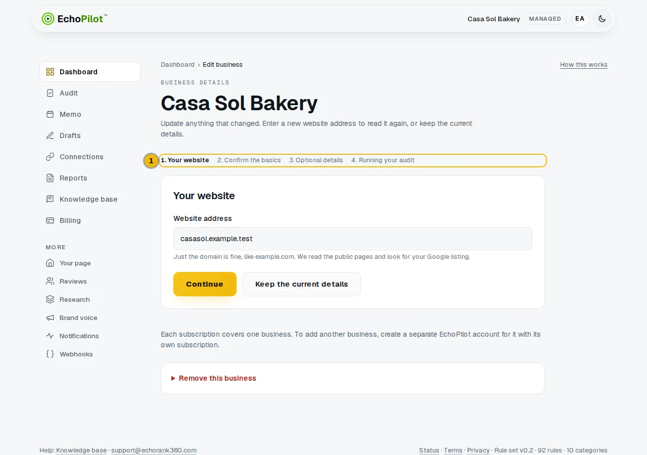 Edit business page with the business name as its heading and the form steps listed