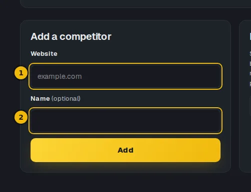 The Add a competitor form on the Competitors page, with the website and name fields marked
