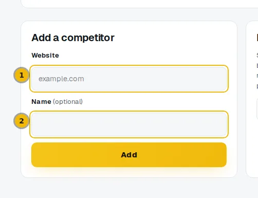 The Add a competitor form on the Competitors page, with the website and name fields marked