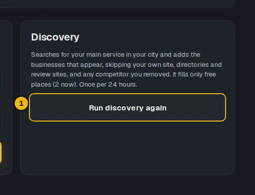 The Discovery box on the Competitors page, with the Run discovery again button