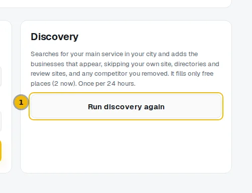 The Discovery box on the Competitors page, with the Run discovery again button