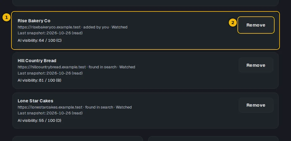 The list of watched competitors, each with its last reading date and a Remove button