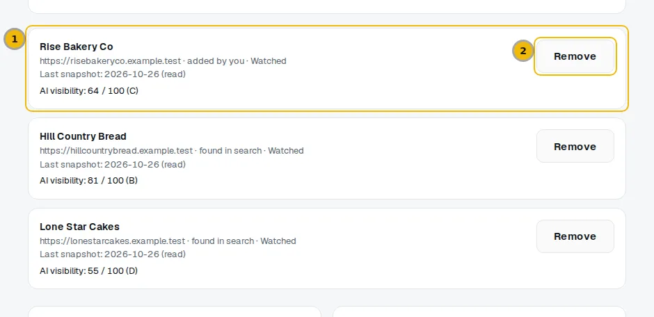 The list of watched competitors, each with its last reading date and a Remove button