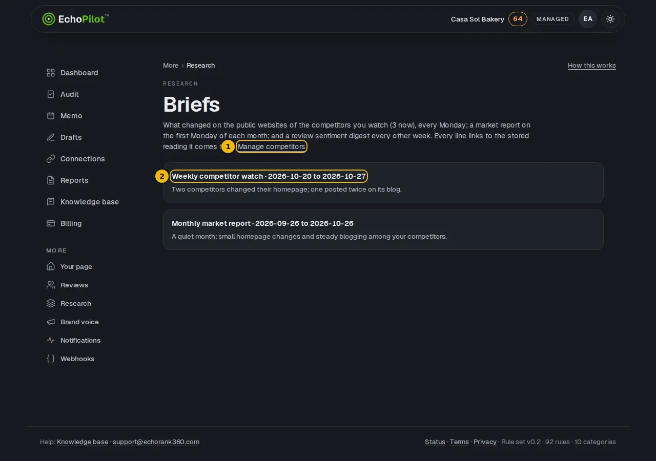 The Research page listing the weekly competitor watch briefs with their dates and headlines