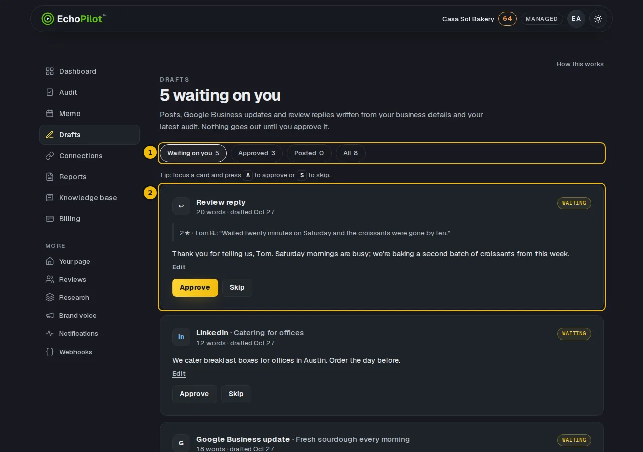 The Drafts page with its tabs and a list of draft cards waiting for approval