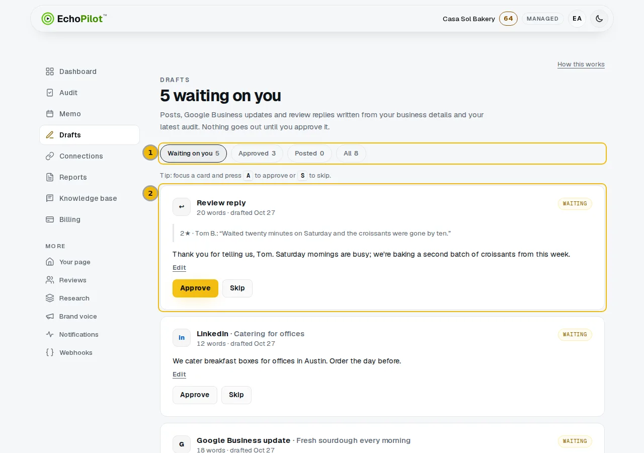 The Drafts page with its tabs and a list of draft cards waiting for approval