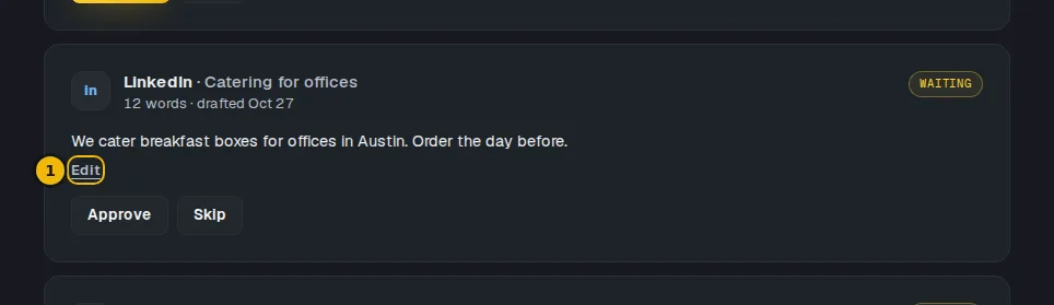 A Facebook draft card opened for editing, with the text box and the Save edit button