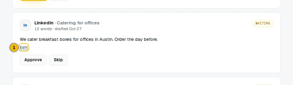 A Facebook draft card opened for editing, with the text box and the Save edit button