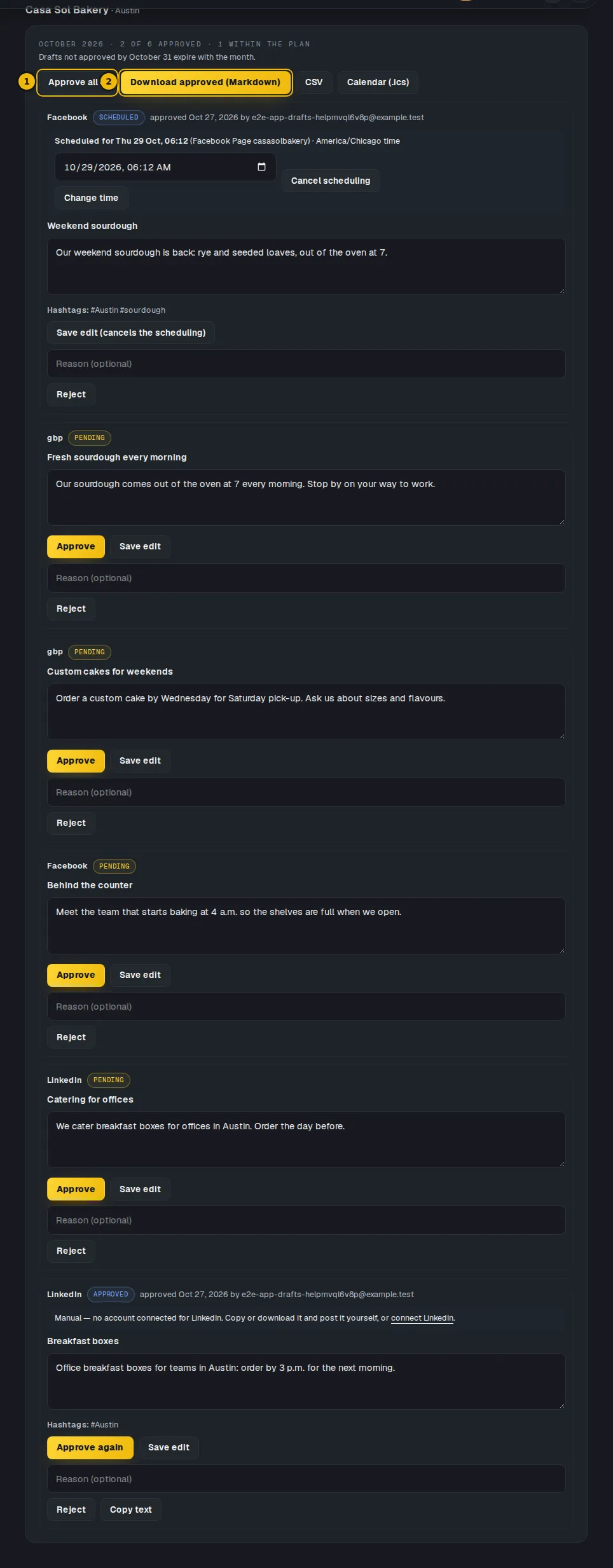 The month's social drafts with the Approve all button and the download buttons