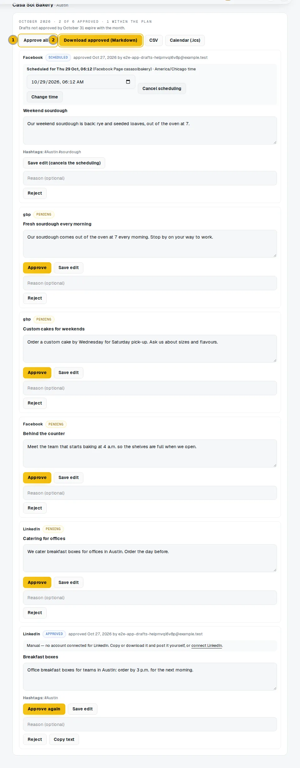 The month's social drafts with the Approve all button and the download buttons