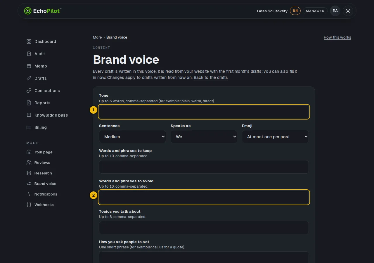 The Brand voice form with the tone and the words to avoid fields