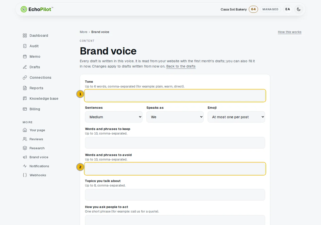 The Brand voice form with the tone and the words to avoid fields