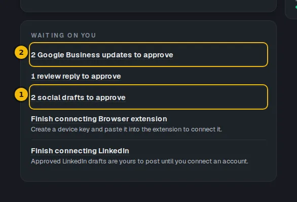 The dashboard's Waiting on you card listing the drafts to approve