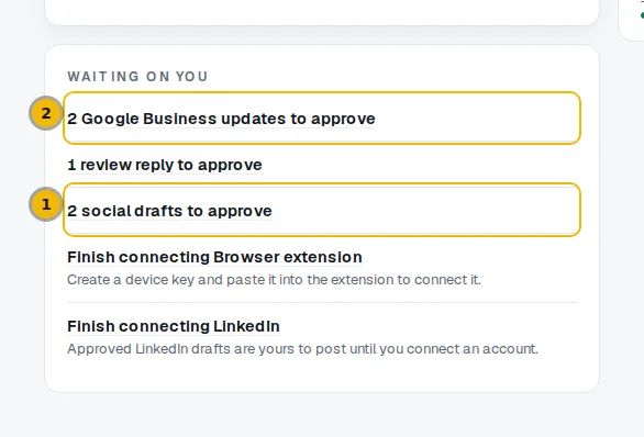 The dashboard's Waiting on you card listing the drafts to approve