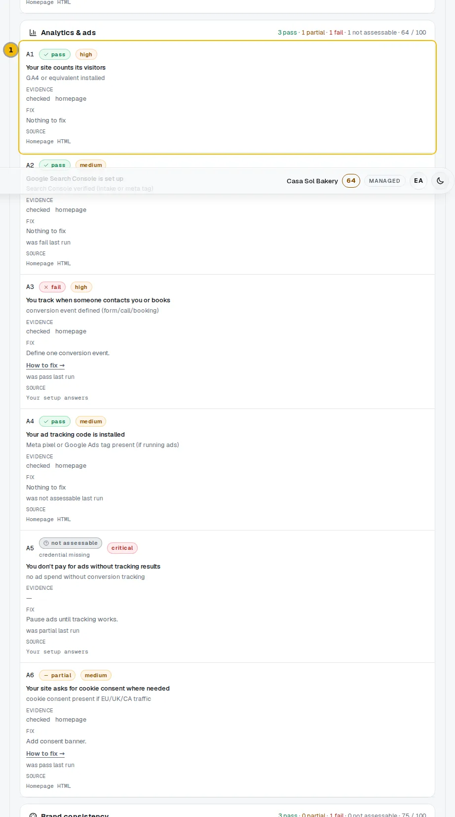 The Analytics & ads checks on the audit page, with the A1 visitor-counting row marked