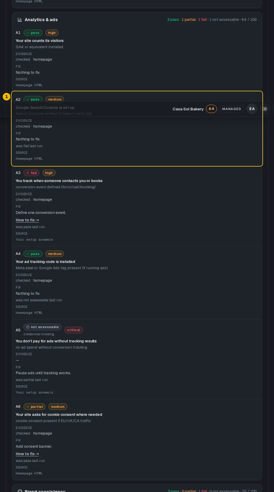 The same audit section with the A2 Search Console row marked