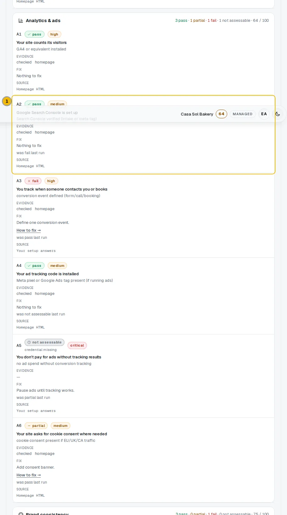 The same audit section with the A2 Search Console row marked
