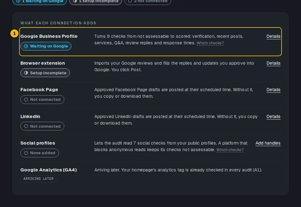 The What each connection adds card with the Google Business Profile row and its status
