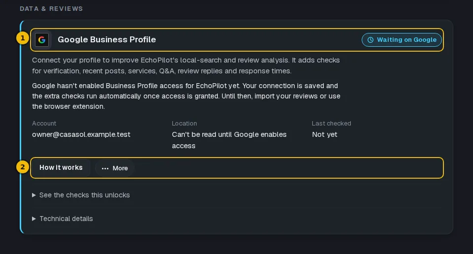 The Google Business Profile card with its status note and its connect area