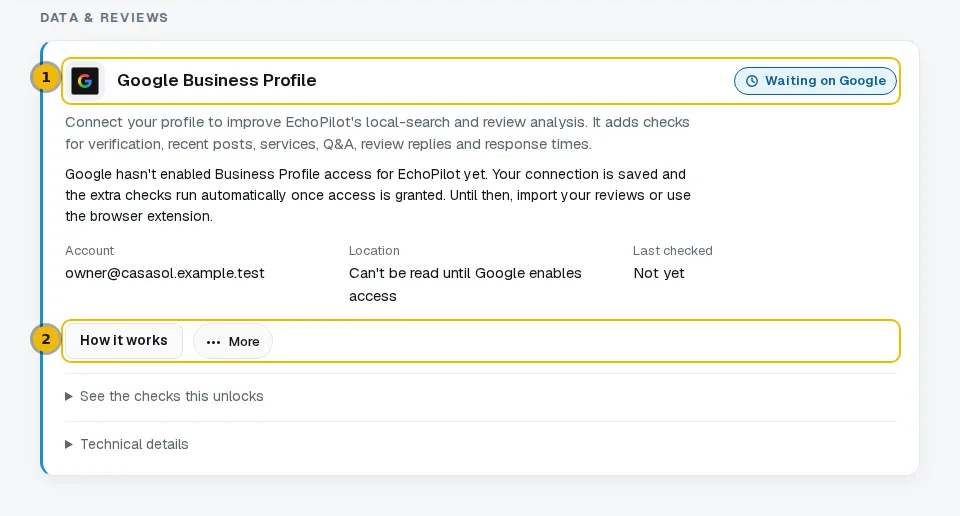 The Google Business Profile card with its status note and its connect area