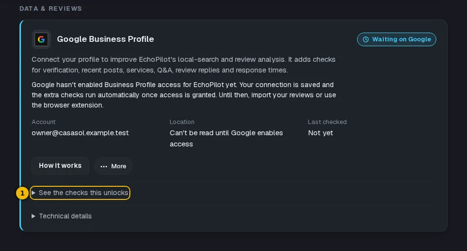 The Google Business Profile card with the list of checks it unlocks opened