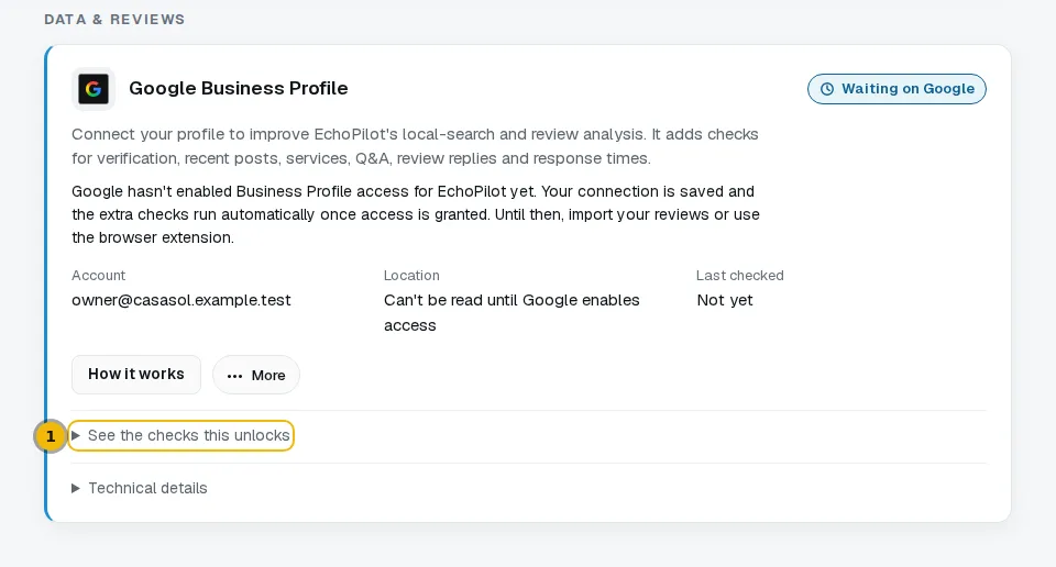 The Google Business Profile card with the list of checks it unlocks opened