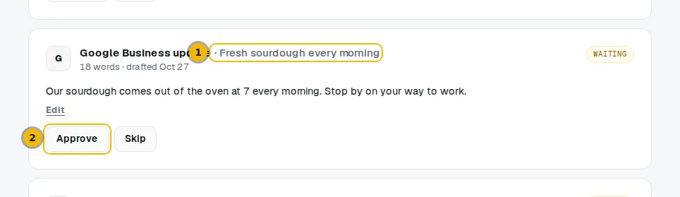 A Google Business update draft on Drafts with its title and the Approve button