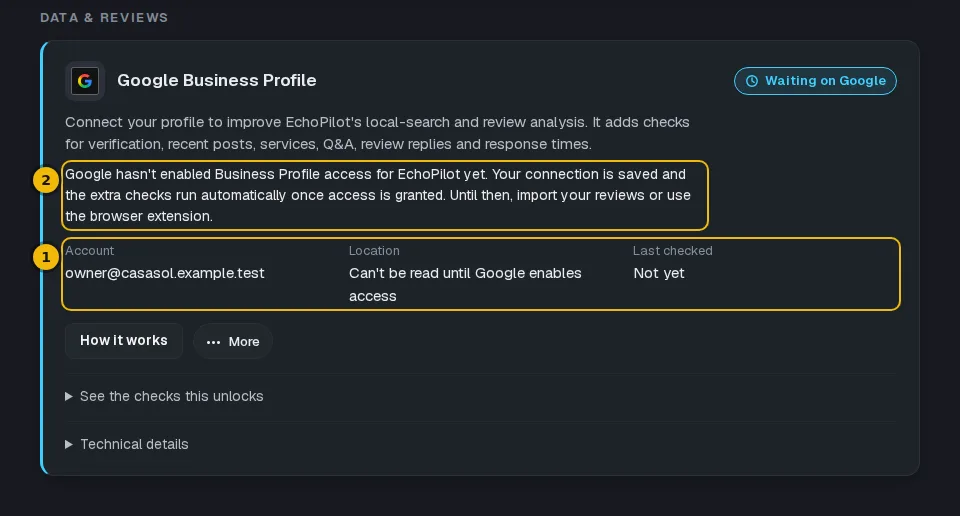 The connected Google Business Profile card showing the account, the location and the last check
