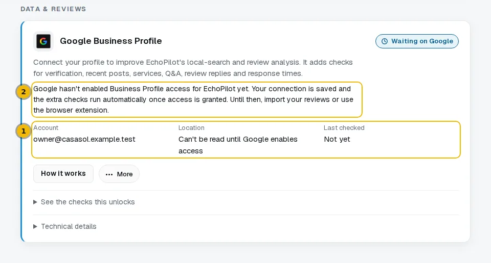 The connected Google Business Profile card showing the account, the location and the last check