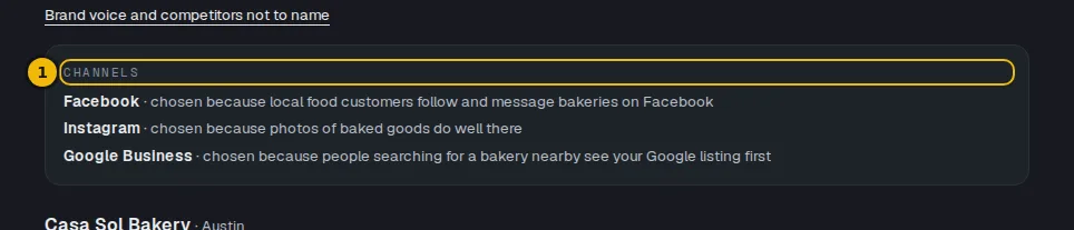 The Channels box on the Social drafts page, each channel with its reason