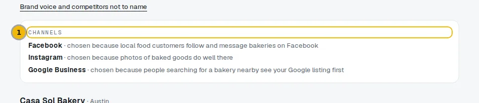 The Channels box on the Social drafts page, each channel with its reason