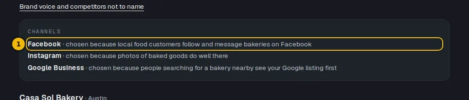 The Channels box with the first channel and its reason marked